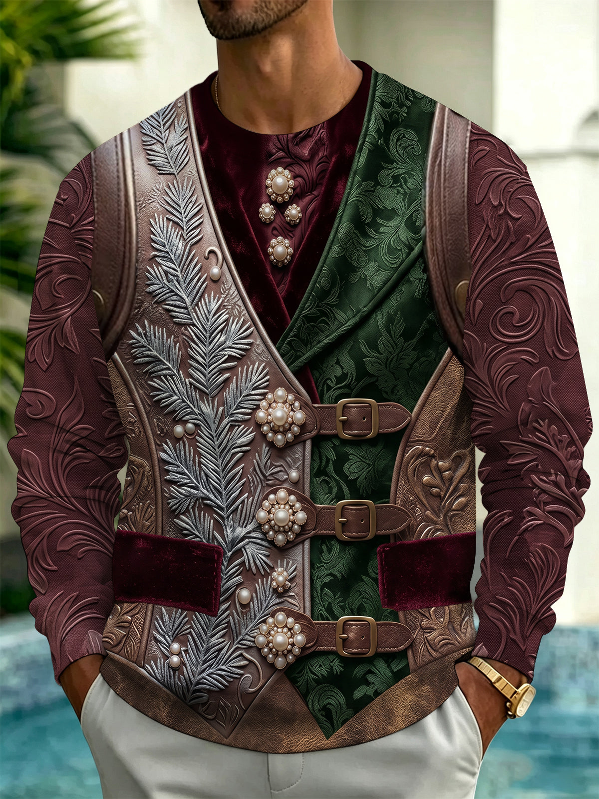 Oceanlyte Men's Long Sleeve Hoodie - Medieval Embossed Floral And Pearl Buckles Print