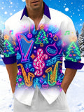 Oceanlyte Men's Long Sleeve Shirt - Neon Musical Instruments And Christmas Ornaments Print with Chest Pocket