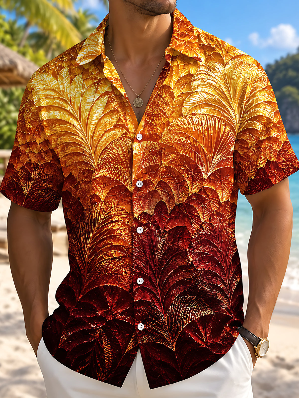 Oceanlyte Men's Hawaiian Autumn Leaf Pattern Short Sleeve Shirt with Chest Pocket