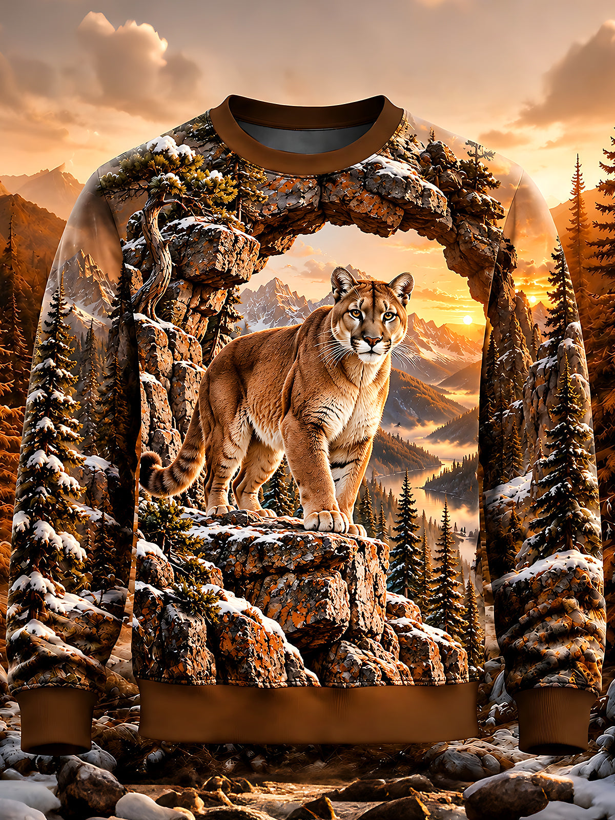 Oceanlyte Men's Mountain Lion In Winter Landscape Print Long Sleeve Sweatshirt