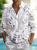 Oceanlyte Men's Long Sleeve Shirt - 3D Relief Bass Guitar And Floral Patterns Print with Chest Pocket