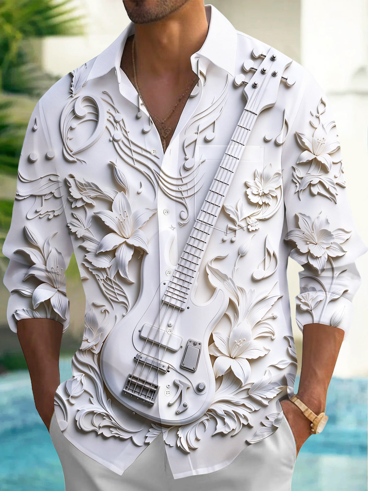 Oceanlyte Men's Long Sleeve Shirt - 3D Relief Bass Guitar And Floral Patterns Print with Chest Pocket