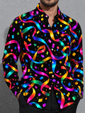 Oceanlyte Men's Patterned Colorful Ribbons And Confetti Print Long Sleeve Shirt with Chest Pocket