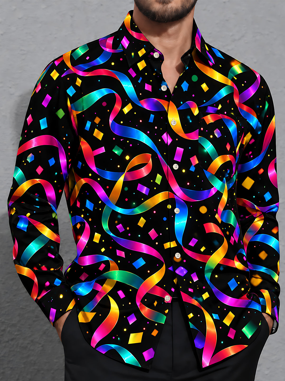Oceanlyte Men's Patterned Colorful Ribbons And Confetti Print Long Sleeve Shirt with Chest Pocket