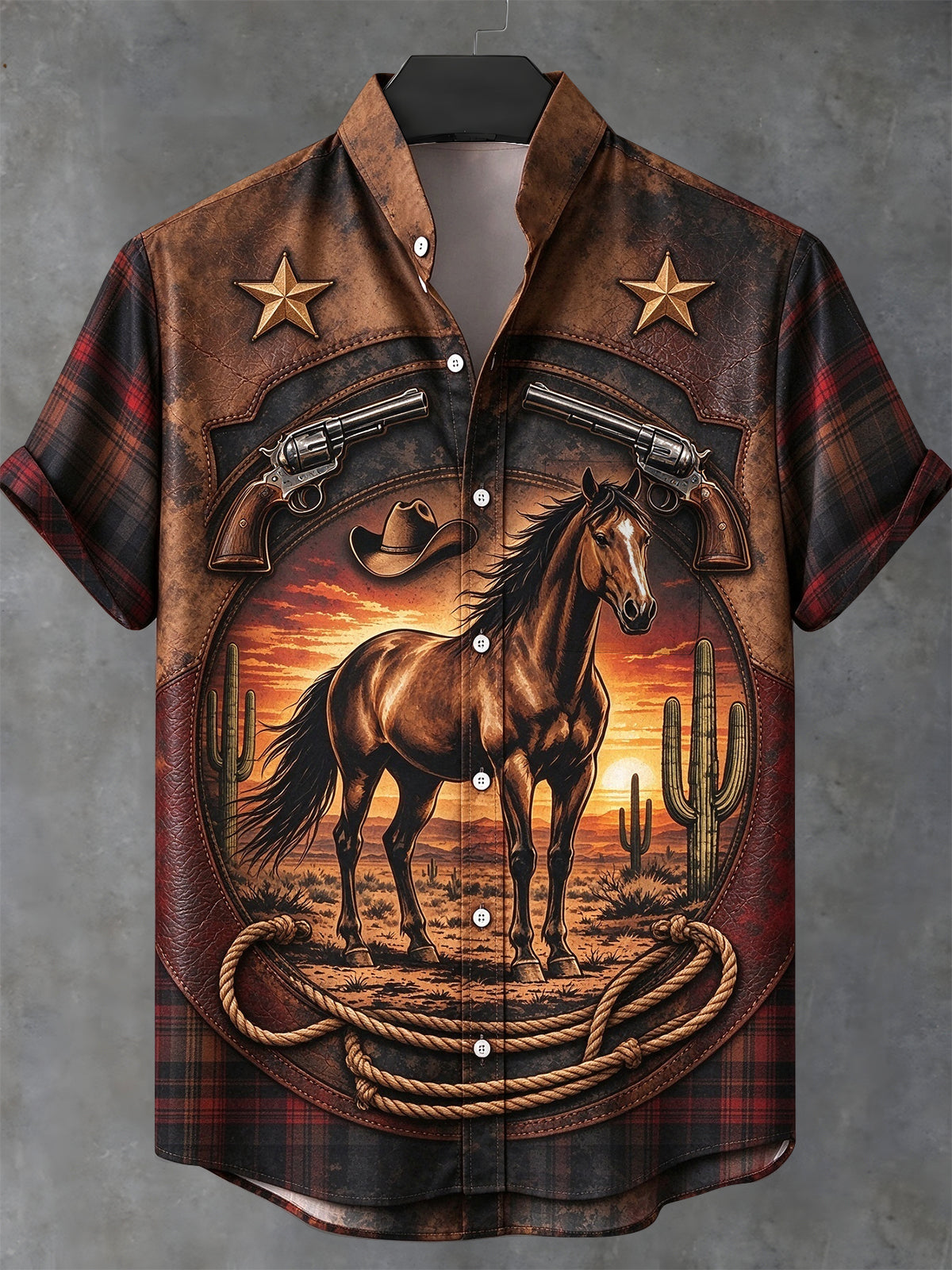 Oceanlyte Men's Short Sleeve Stand Collar Shirt - Western Horse And Desert Sunset Print with Chest Pocket