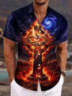 Oceanlyte Men's Short Sleeve Shirt - Flaming Cross With Dove And Crown Of Thorns Print with Chest Pocket