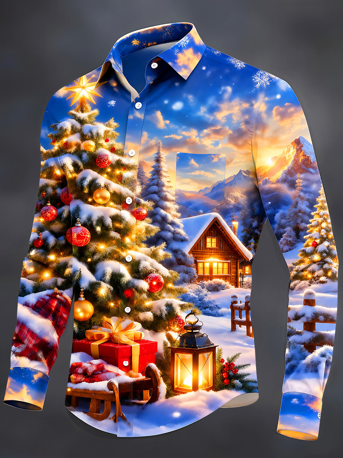 Oceanlyte Men's Printed Christmas Tree And Ornaments Print Long Sleeve Shirt with Chest Pocket