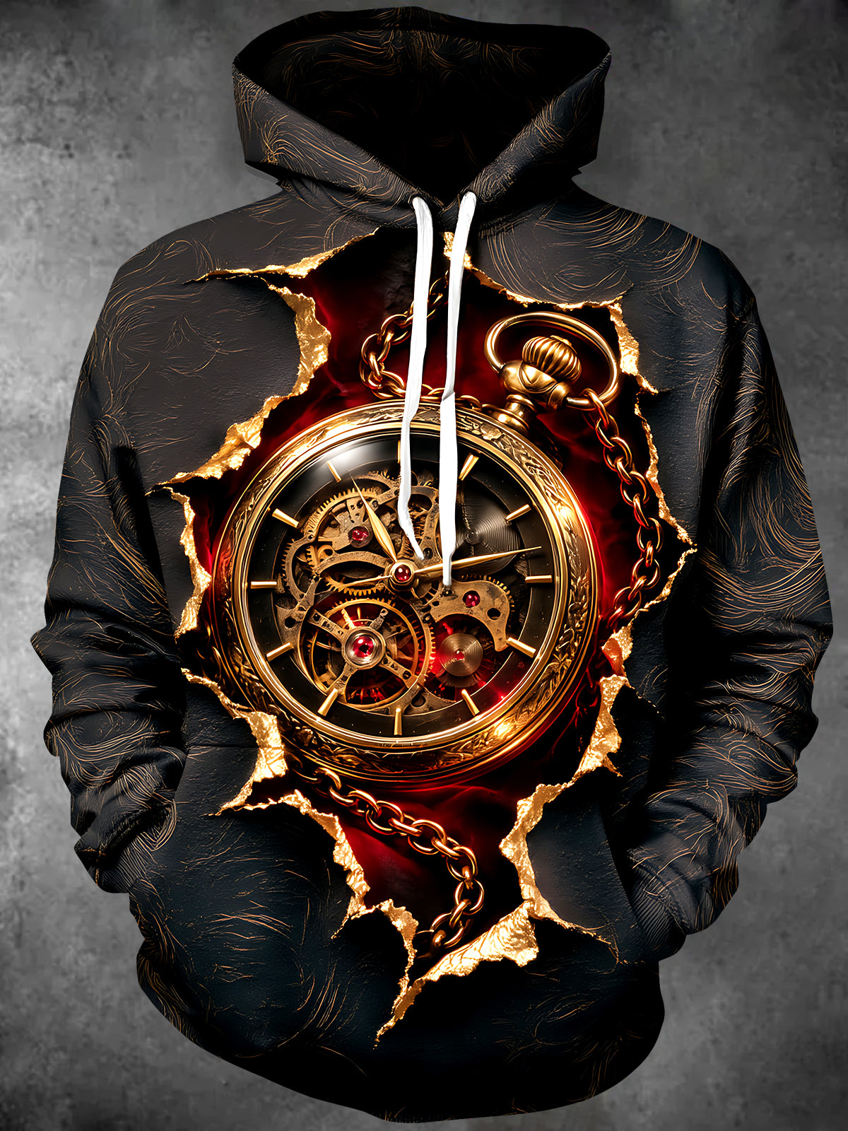 Oceanlyte Men's Long Sleeve Hoodie - Steampunk Pocket Watch With Gears And Chain Print
