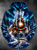 Oceanlyte Men's Long Sleeve Zip-Up Hoodie - Christmas Train With Lights And Snowy Forest Print