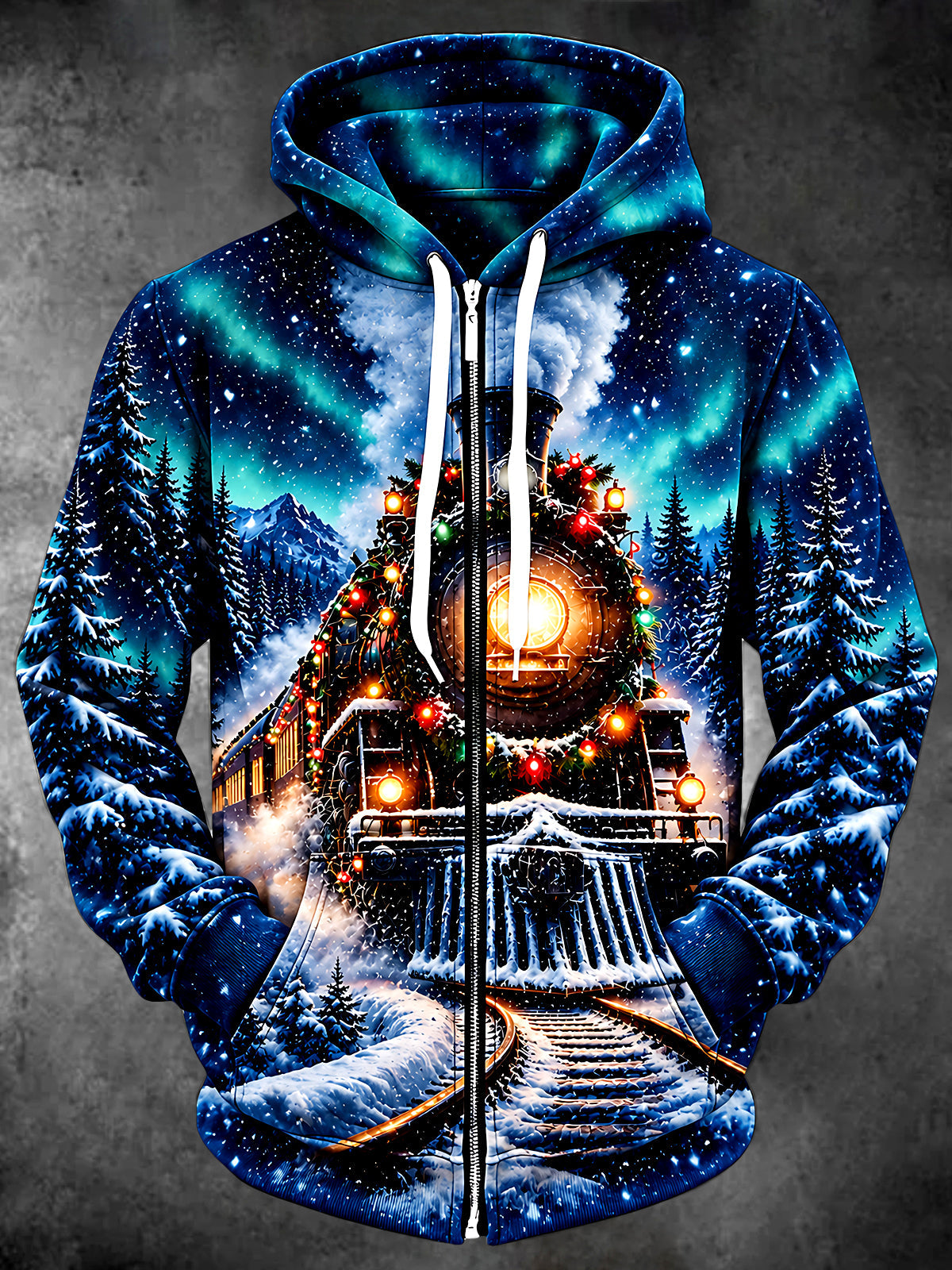 Oceanlyte Men's Long Sleeve Zip-Up Hoodie - Christmas Train With Lights And Snowy Forest Print