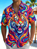 Oceanlyte Men's Colorful Psychedelic Tiger Face Print Short Sleeve Shirt with Chest Pocket