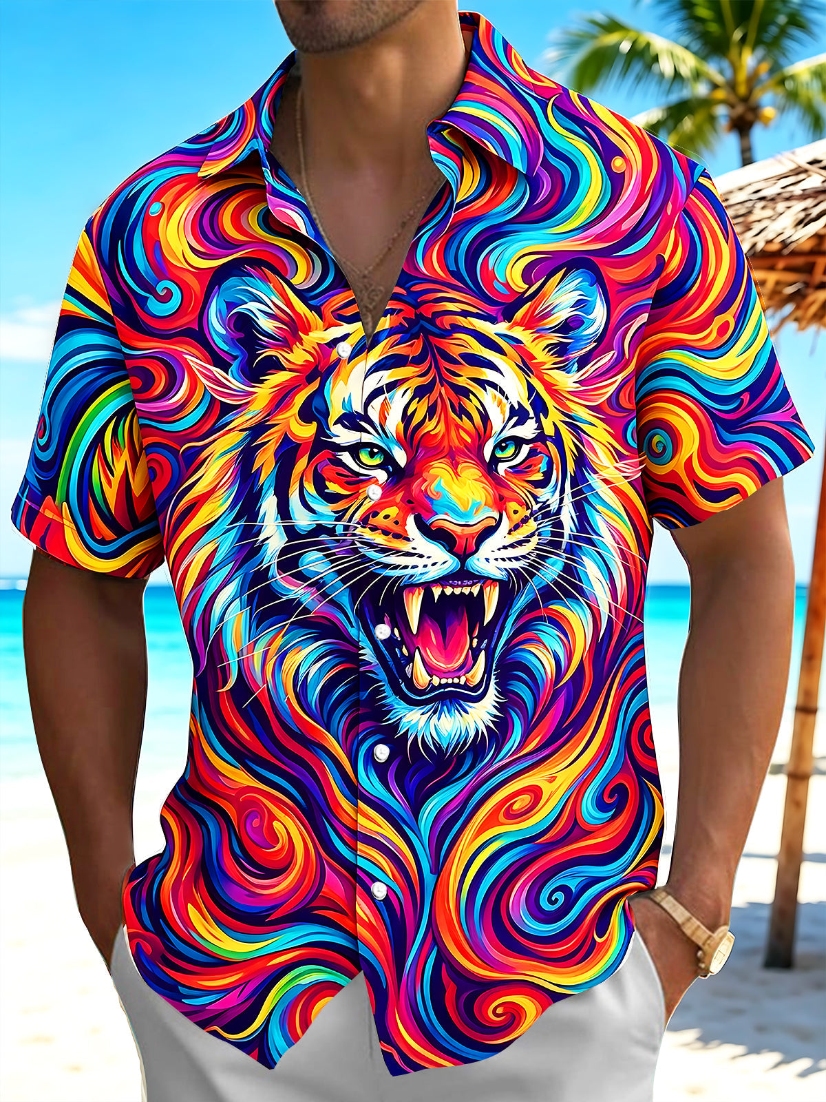 Oceanlyte Men's Colorful Psychedelic Tiger Face Print Short Sleeve Shirt with Chest Pocket
