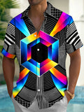 Oceanlyte Men's Geometric Rainbow Hexagon And Stripes Print Short Sleeve Shirt with Chest Pocket