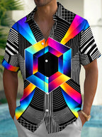 Oceanlyte Men's Geometric Rainbow Hexagon And Stripes Print Short Sleeve Shirt with Chest Pocket