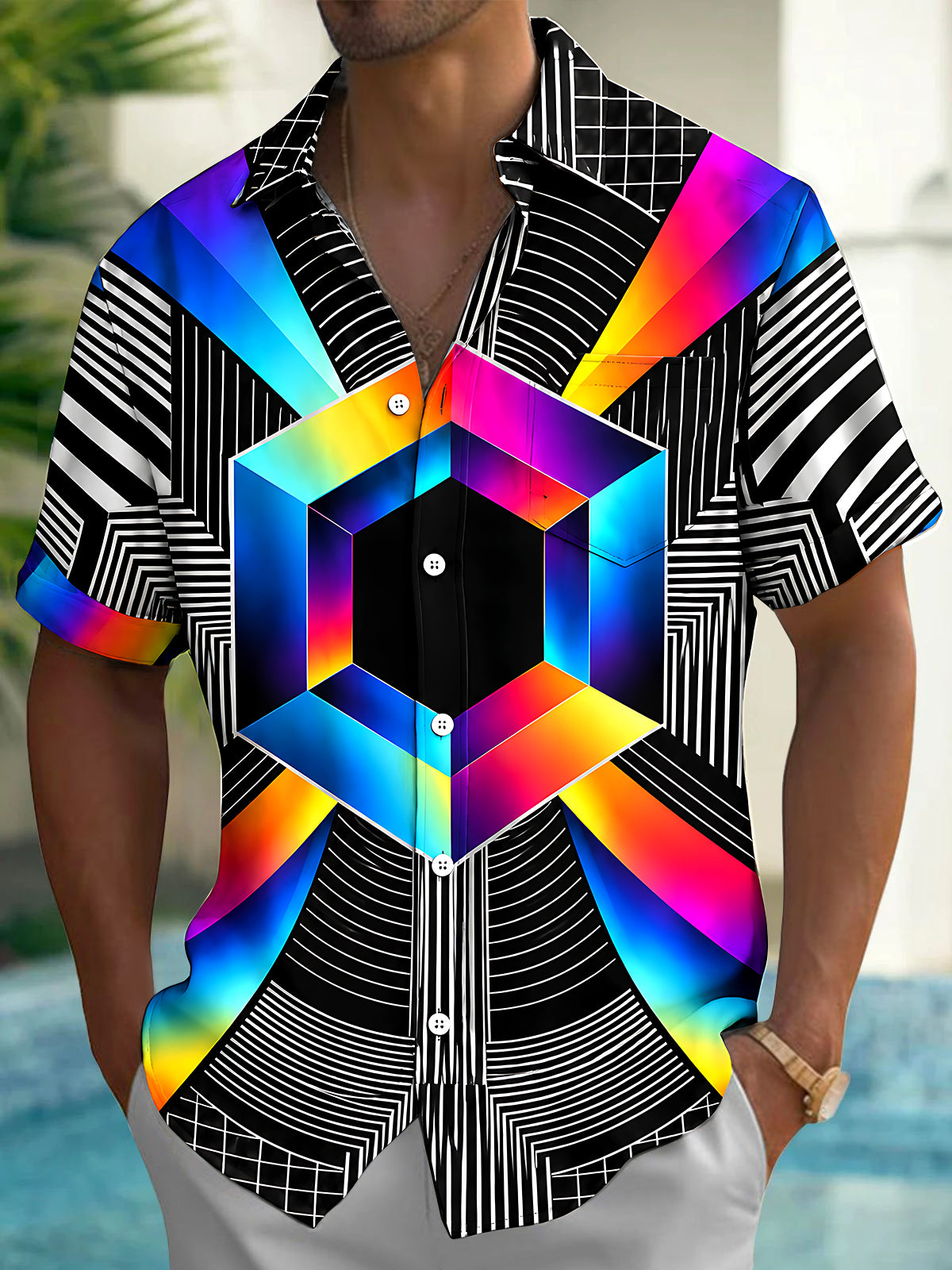 Oceanlyte Men's Geometric Rainbow Hexagon And Stripes Print Short Sleeve Shirt with Chest Pocket