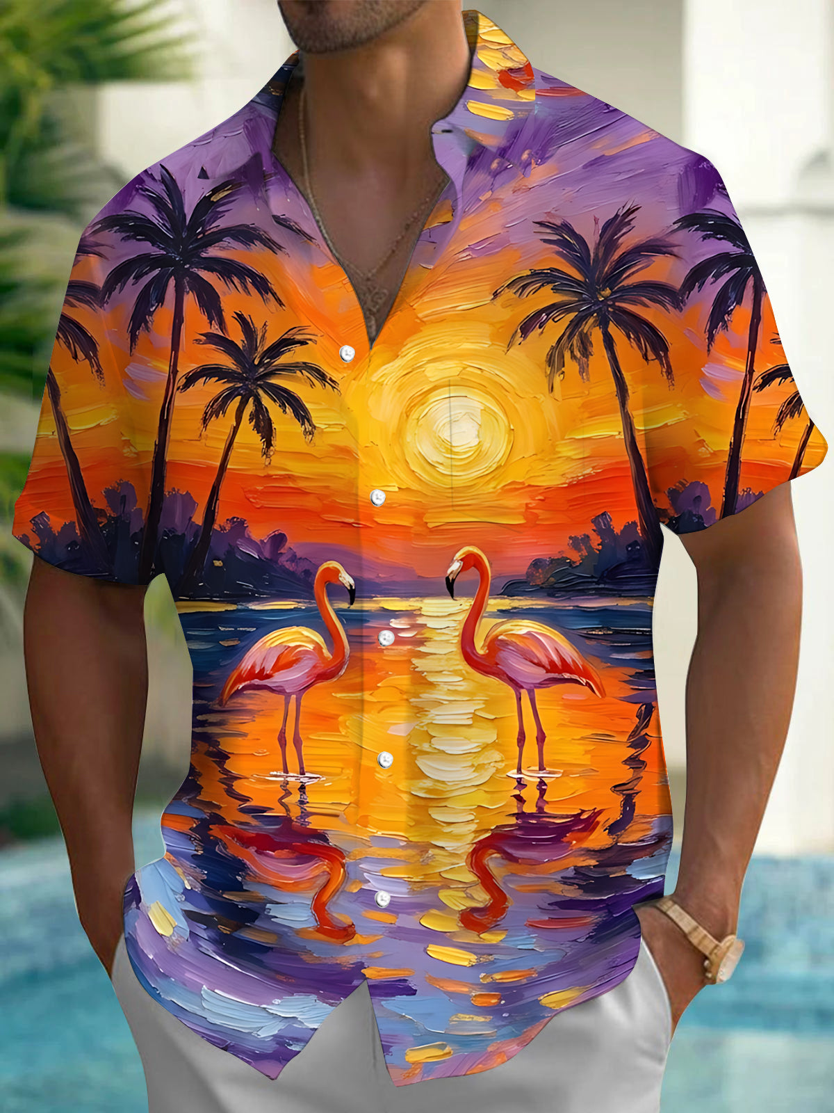 Oceanlyte Men's Sunset Flamingos And Palm Trees Print Short Sleeve Shirt with Chest Pocket