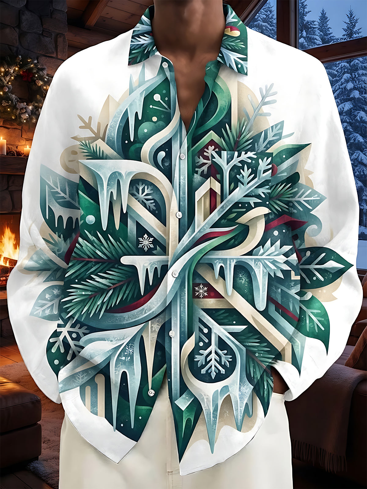 Oceanlyte Men's Printed Winter Icicle Pine And Snowflake Print Long Sleeve Shirt with Chest Pocket