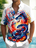 Oceanlyte Men's Short Sleeve Shirt - Crane And Snake With Mountains And Flowers Print with Chest Pocket