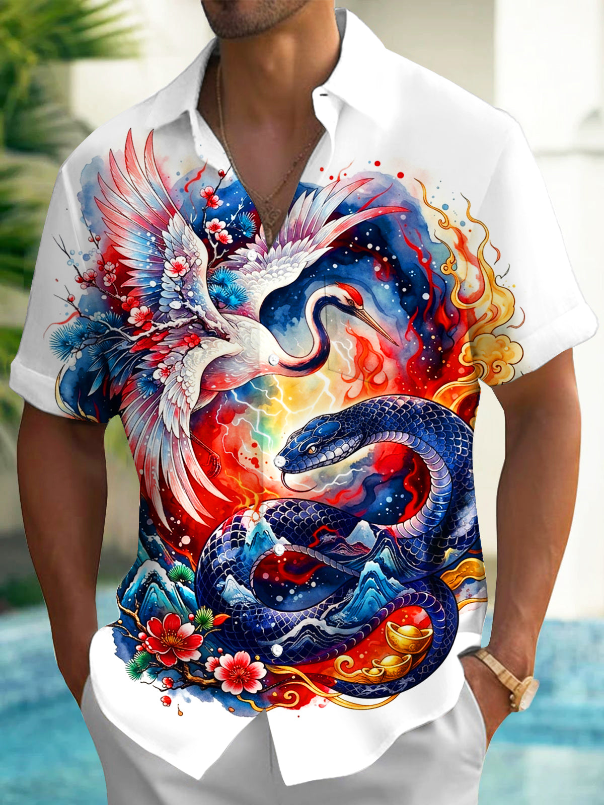 Oceanlyte Men's Short Sleeve Shirt - Crane And Snake With Mountains And Flowers Print with Chest Pocket