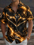 Oceanlyte Men's Manta Ray With Golden Bubbles And Waves Print Short Sleeve Shirt with Chest Pocket
