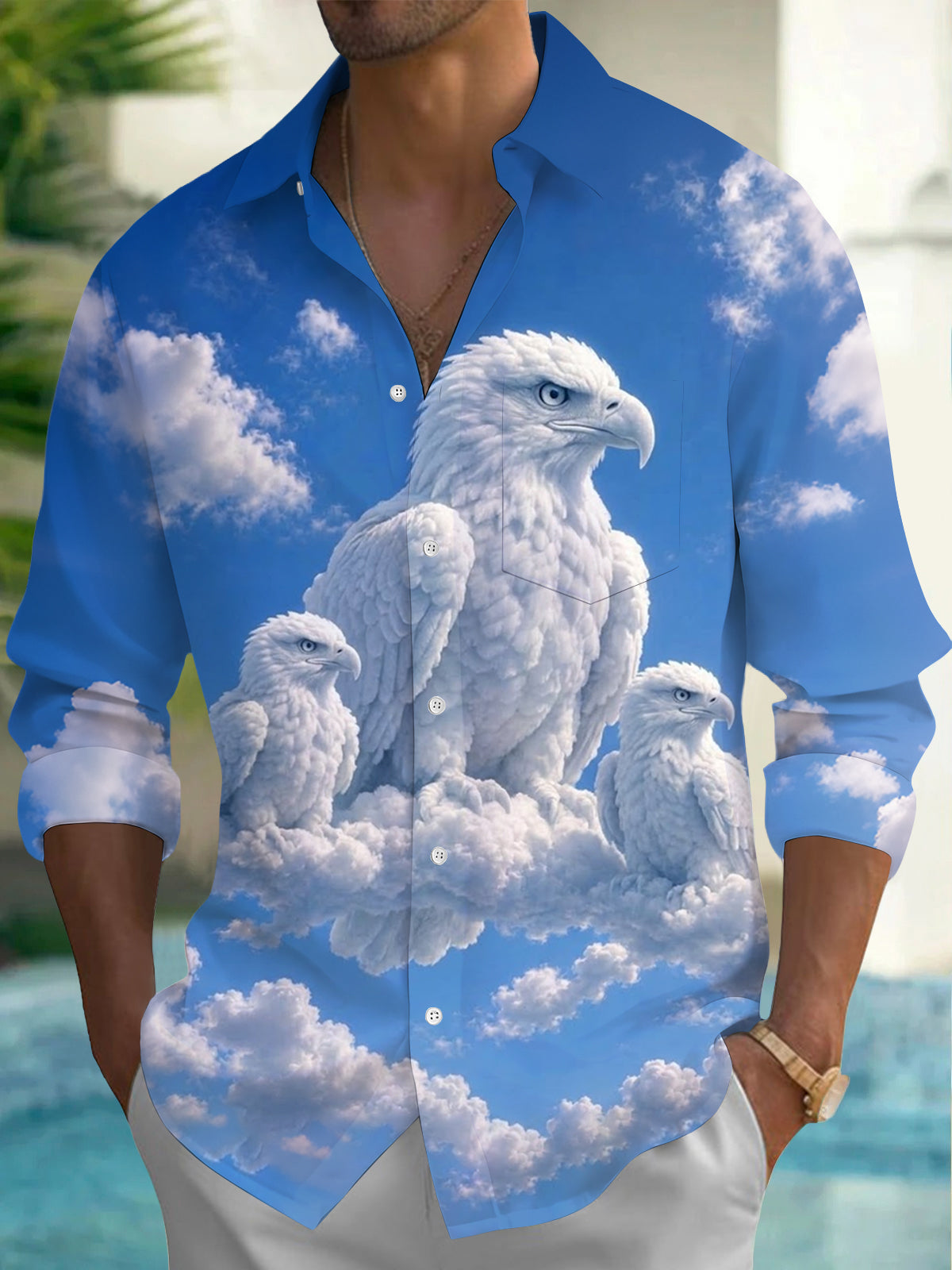 Oceanlyte Men's Printed White Eagle Birds Print Long Sleeve Shirt with Chest Pocket