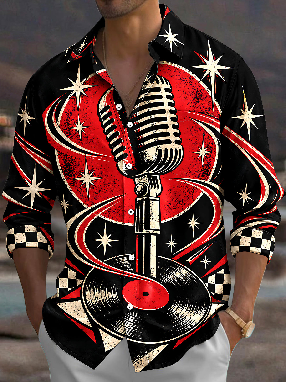 Oceanlyte Men's Vintage Microphone And Vinyl Records Print Long Sleeve Shirt with Chest Pocket