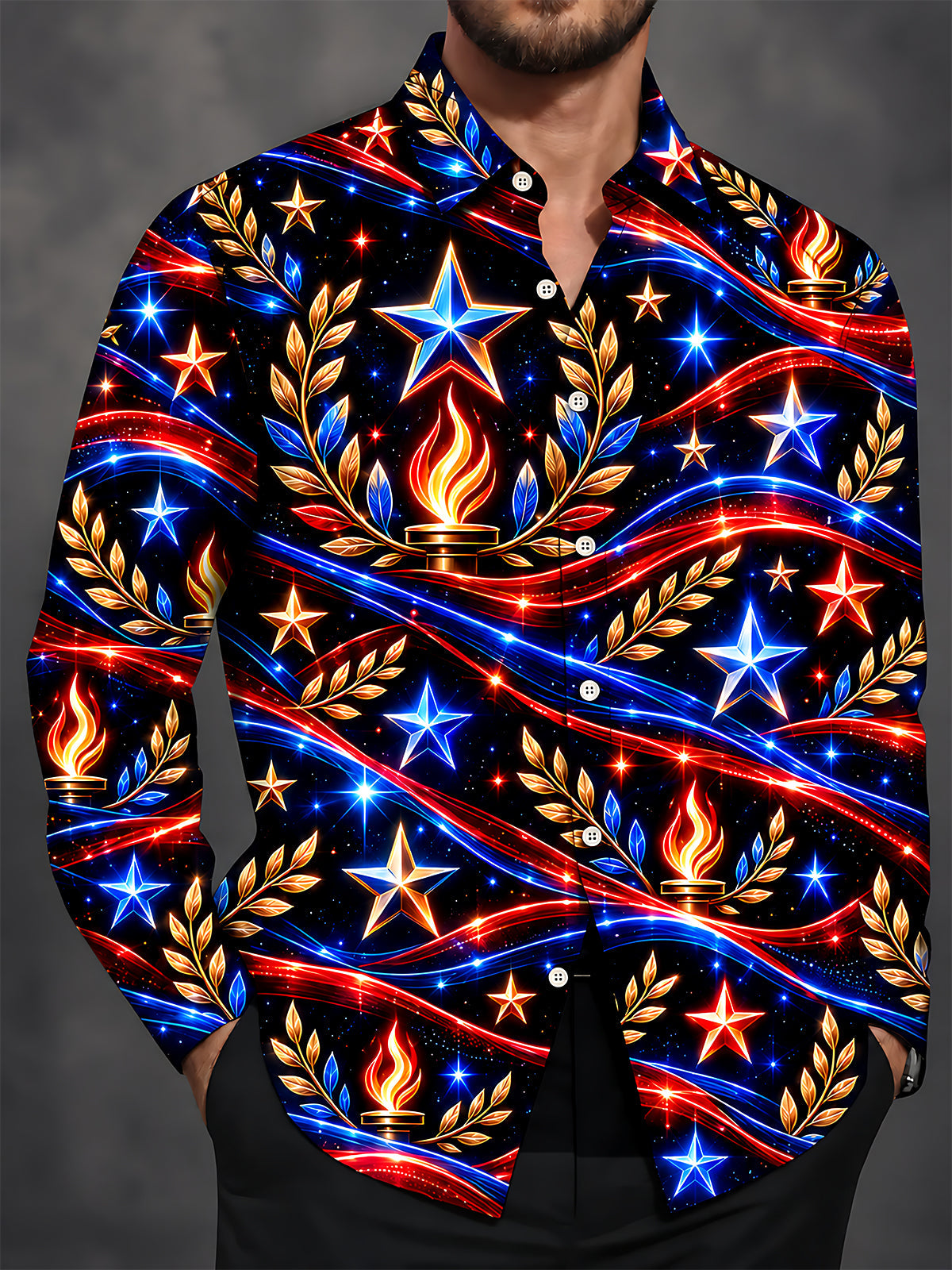 Oceanlyte Men's Long Sleeve Shirt - Veterans Day Patriotic Stars And Torches With Laurel Wreaths Print with Chest Pocket