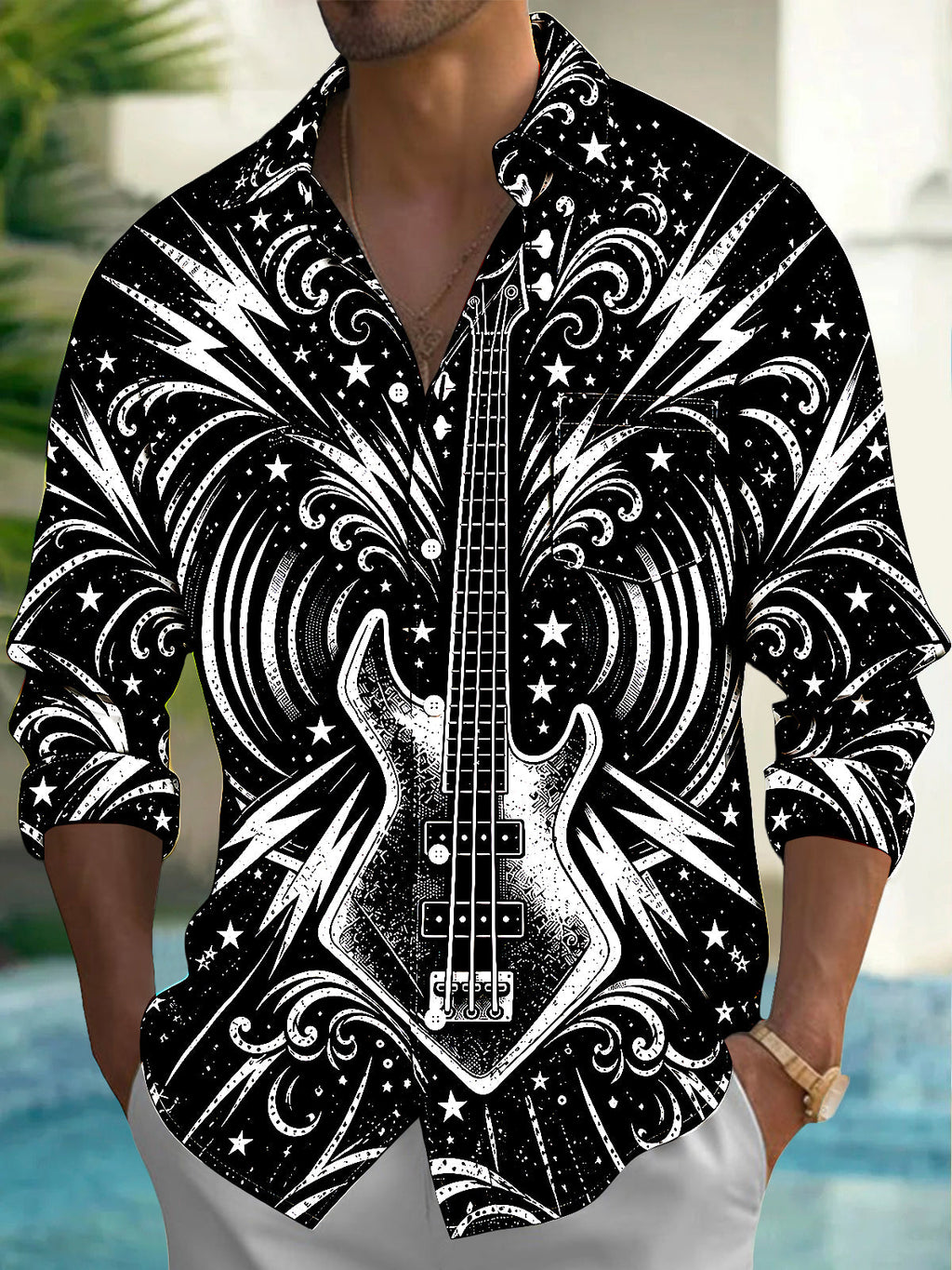 Oceanlyte Men's Bass Guitar With Stars And Lightning Print Long Sleeve Shirt with Chest Pocket