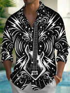 Oceanlyte Men's Bass Guitar With Stars And Lightning Print Long Sleeve Shirt with Chest Pocket