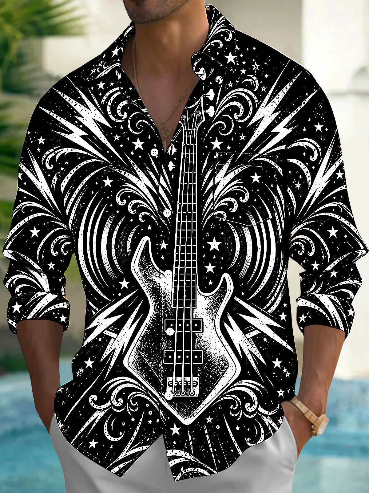 Oceanlyte Men's Bass Guitar With Stars And Lightning Print Long Sleeve Shirt with Chest Pocket