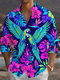 Oceanlyte Men's Neon Parrots And Tropical Flowers Print Long Sleeve Shirt with Chest Pocket