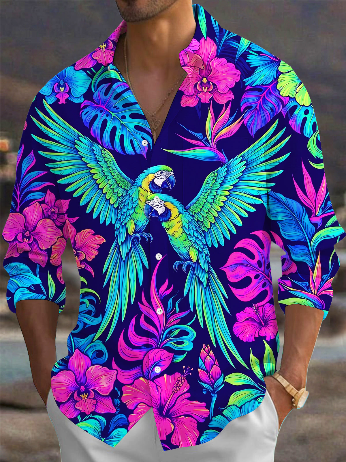 Oceanlyte Men's Neon Parrots And Tropical Flowers Print Long Sleeve Shirt with Chest Pocket