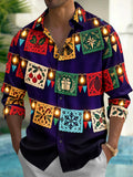 Oceanlyte Men's Long Sleeve Shirt - Christmas Paper-cutting Flags And String Lights Print with Chest Pocket