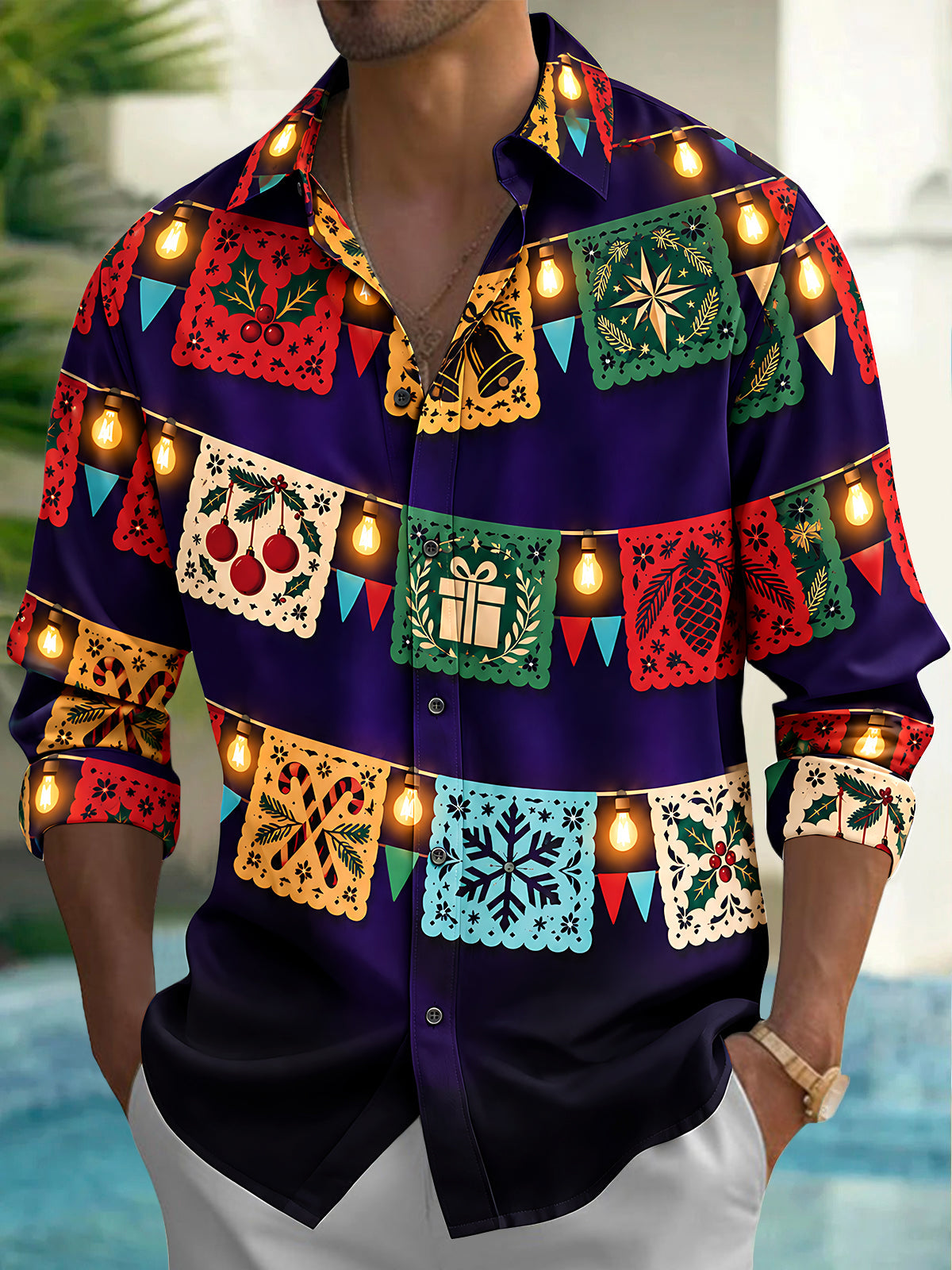 Oceanlyte Men's Long Sleeve Shirt - Christmas Paper-cutting Flags And String Lights Print with Chest Pocket