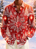 Oceanlyte Men's Christmas Snowflakes And Poinsettias Print Long Sleeve Shirt with Chest Pocket