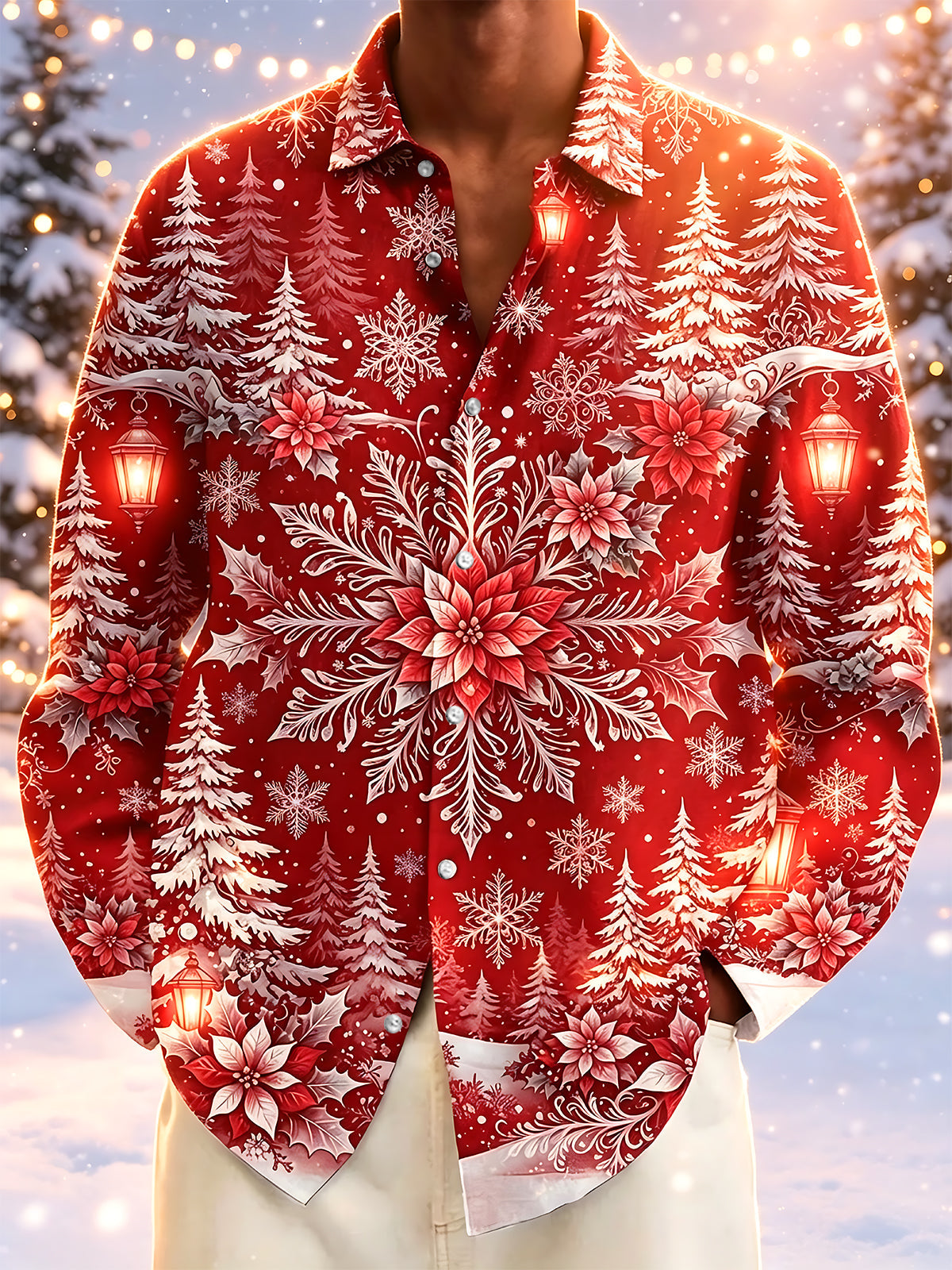 Oceanlyte Men's Christmas Snowflakes And Poinsettias Print Long Sleeve Shirt with Chest Pocket