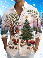 Oceanlyte Men's Long Sleeve Shirt - Christmas Tree And Ornaments With Squirrels Print with Chest Pocket