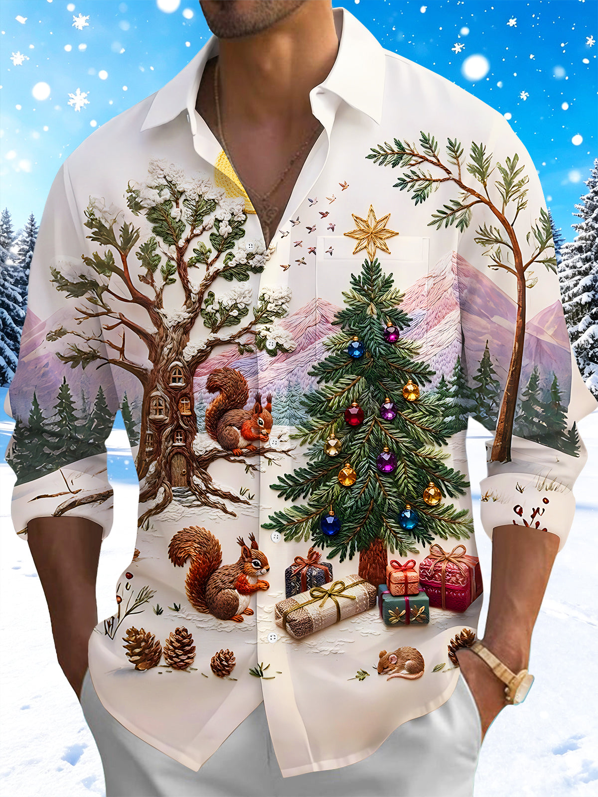 Oceanlyte Men's Long Sleeve Shirt - Christmas Tree And Ornaments With Squirrels Print with Chest Pocket