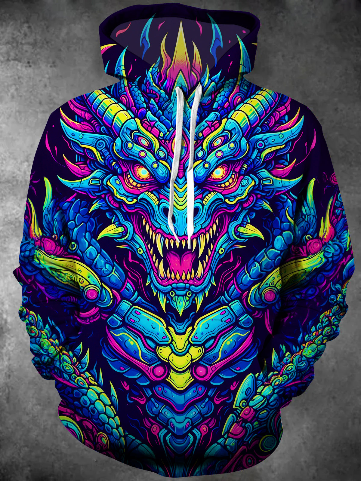 Oceanlyte Men's Graphic Neon Mechanical Dragon Print Long Sleeve Hoodie