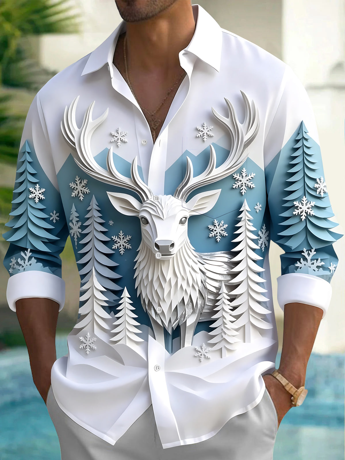 Oceanlyte Men's 3D Elk And Pine Trees With Snowflakes Print Long Sleeve Shirt with Chest Pocket