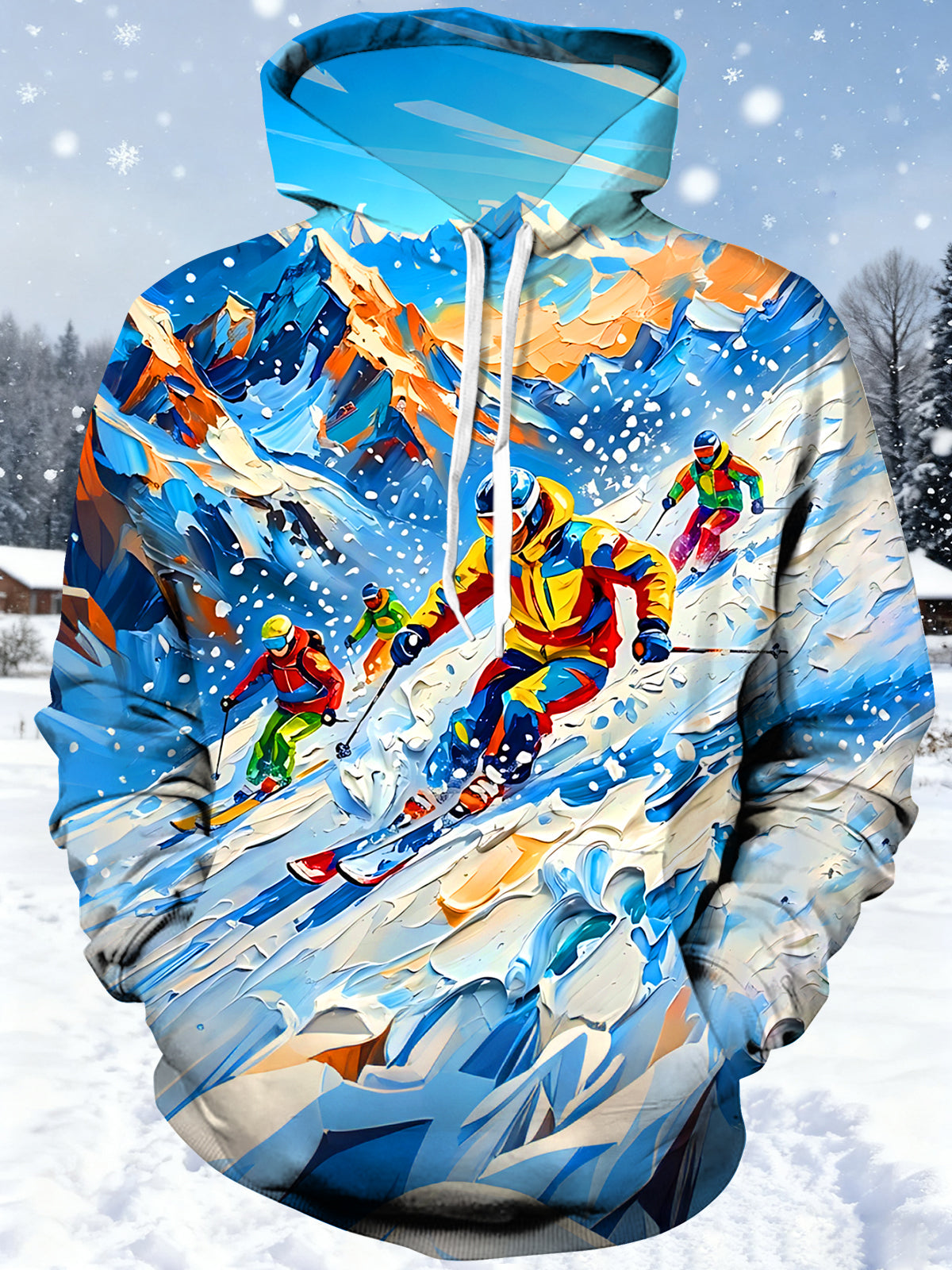 Oceanlyte Men's Printed Skiing Skiers On Snowy Mountain Print Long Sleeve Hoodie