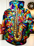 Oceanlyte Men's Stained Glass Saxophone And Floral Art Print Long Sleeve Hoodie