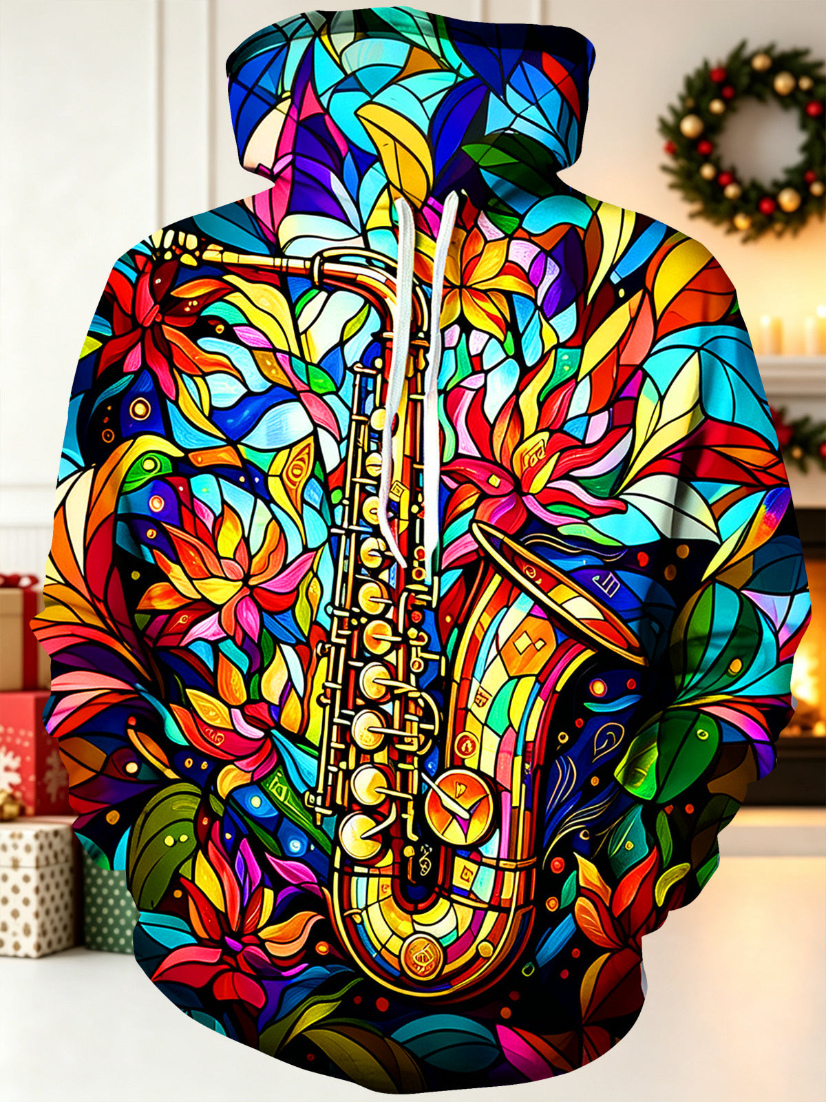 Oceanlyte Men's Stained Glass Saxophone And Floral Art Print Long Sleeve Hoodie