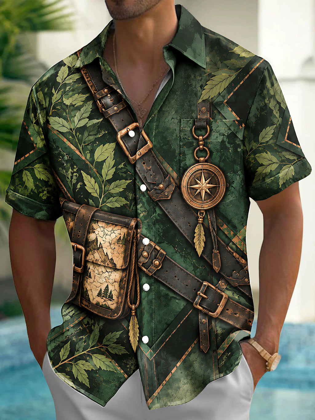 Oceanlyte Men's Printed Jungle Leaves And Explorer Gear Print Short Sleeve Shirt with Chest Pocket