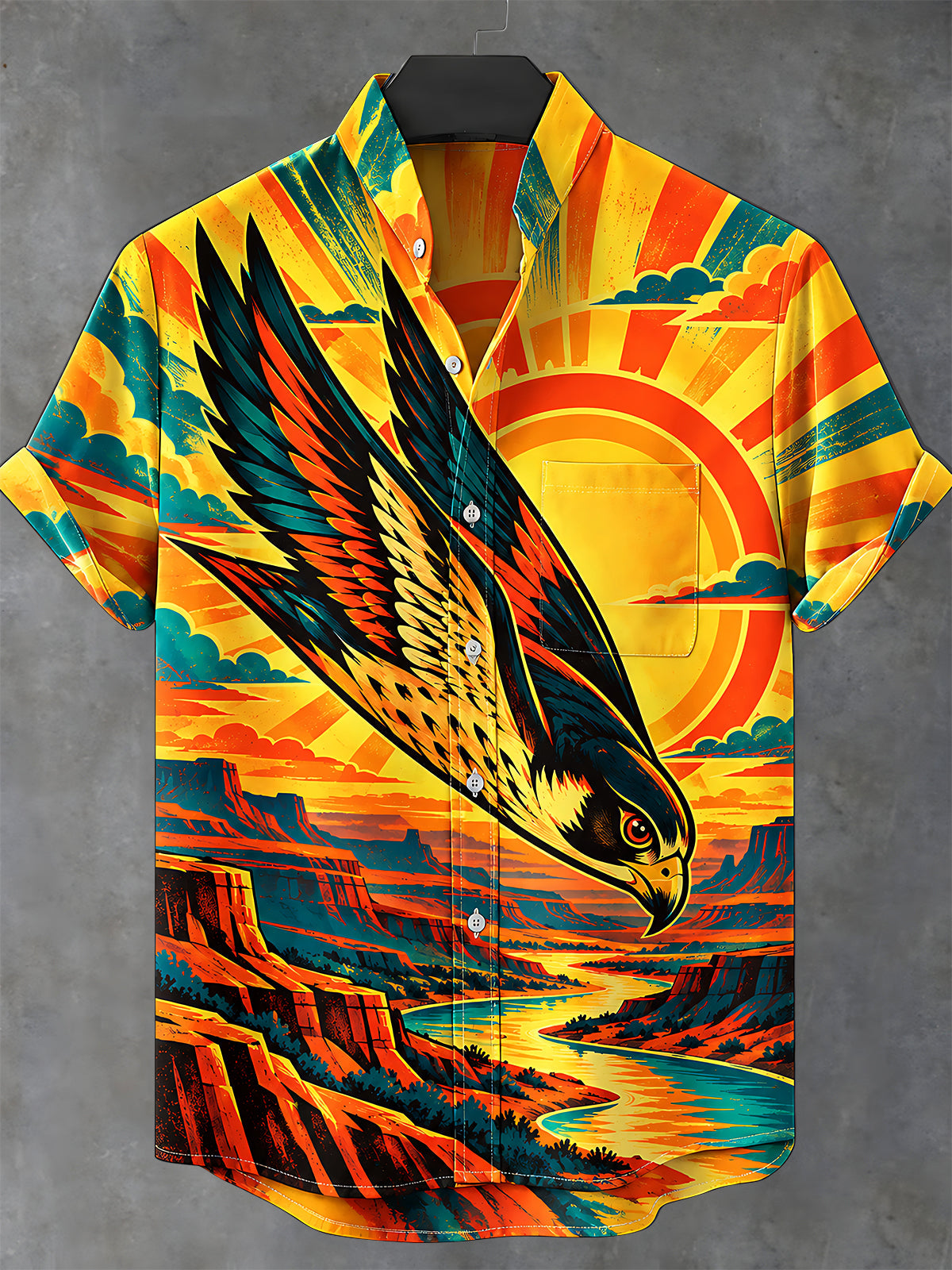 Oceanlyte Men's Short Sleeve Stand Collar Shirt - Eagle Flying Over Canyon Landscape Print with Chest Pocket