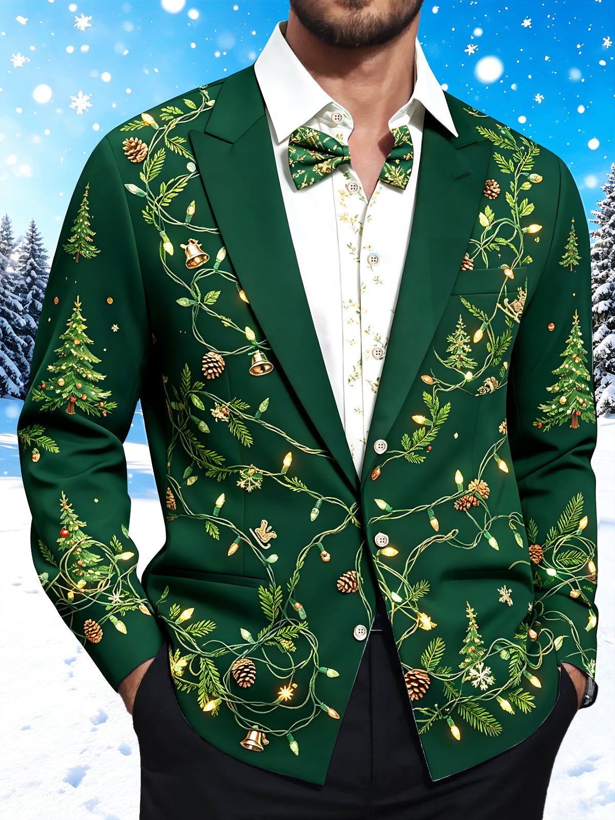 Oceanlyte Men's Christmas Light Strings And Pine Cones Print Long Sleeve Shirt with Chest Pocket