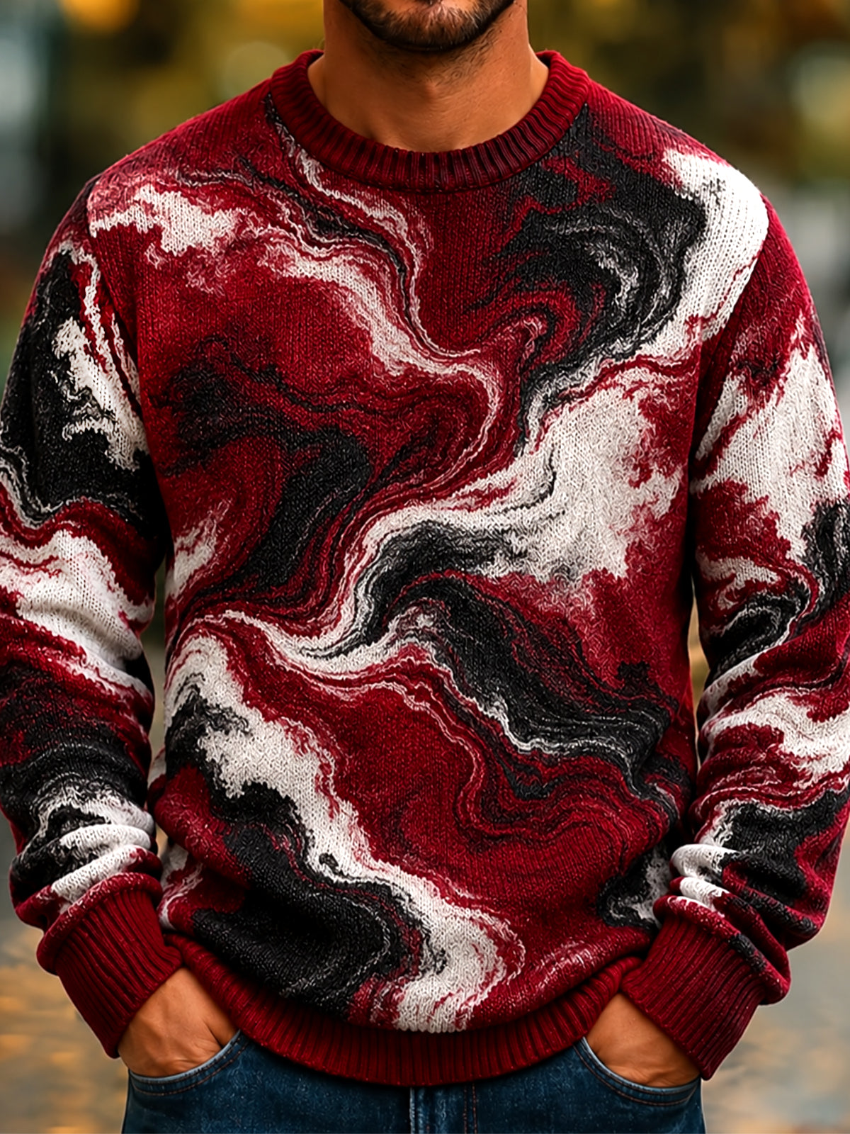 Oceanlyte Men's Abstract Swirling Marble Pattern Long Sleeve Crew Neck Sweater