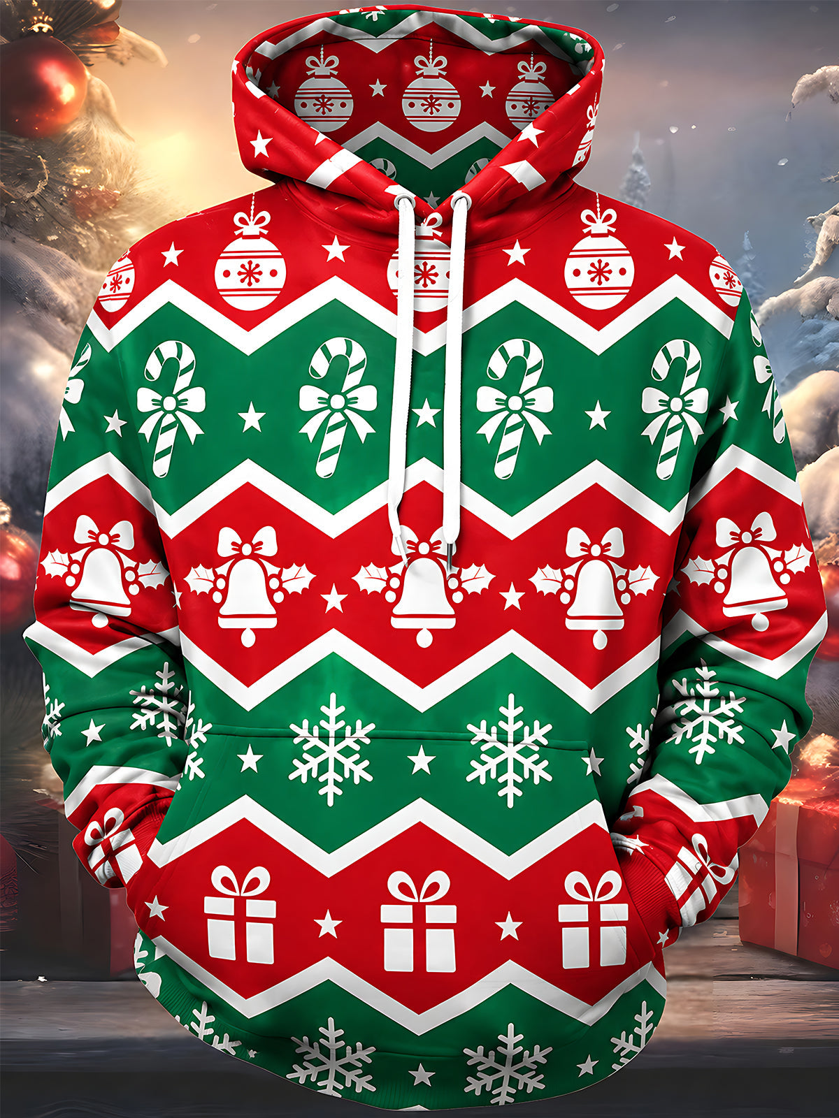 Oceanlyte Men's Printed Christmas Pattern Holiday Motif Print Long Sleeve Hoodie with Chest Pocket
