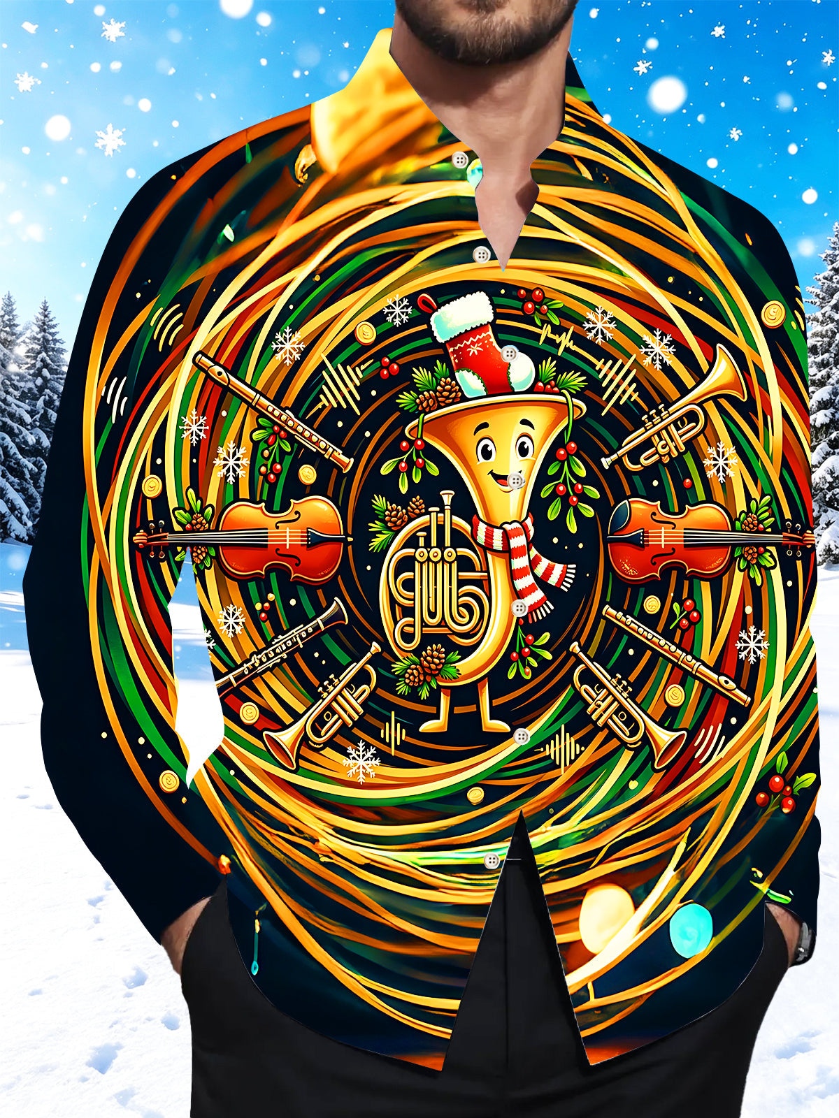 Oceanlyte Men's Graphic Christmas Musical Instruments Print Long Sleeve Shirt with Chest Pocket