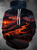 Oceanlyte Men's Long Sleeve Hoodie - Volcanic Eruption Landscape With Lava Flow Print